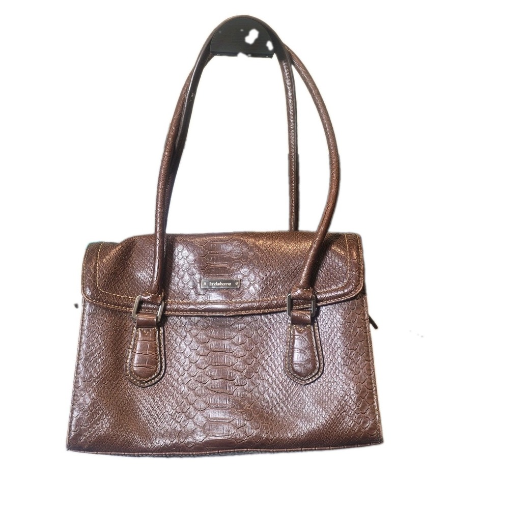 Liz Claiborne Brown Faux Snakeskin Shoulder Bag Satchel Handbag Multi Pocket